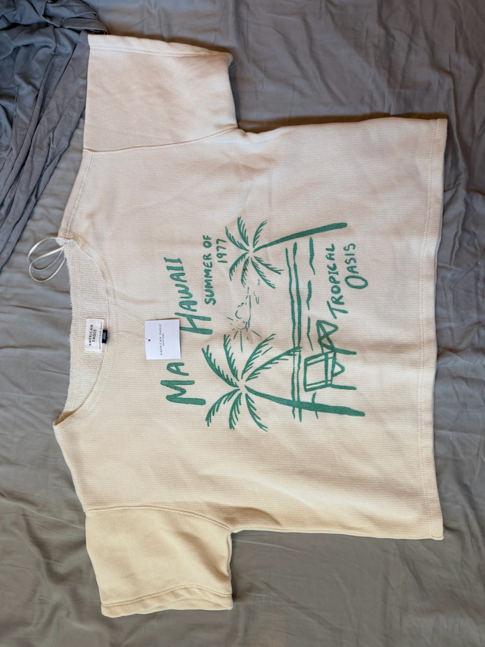 American Eagle Outfitters Cream Crewneck Sweater with Green Tropical Print